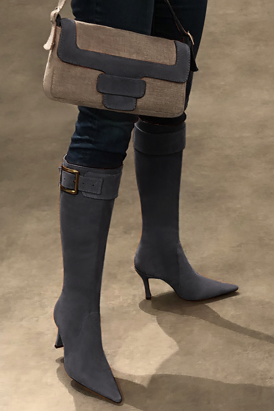 Dark grey women's feminine knee-high boots. Pointed toe. Very high spool heels. Made to measure. Worn view - Florence KOOIJMAN